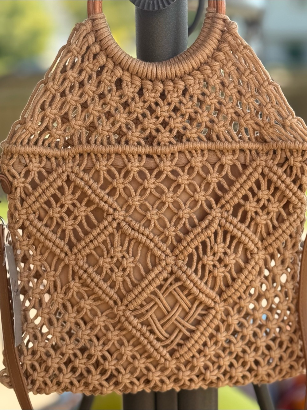 Crown Vintage Boho Macrame Tote Bag Wood Handles Crossbody Beach Resort NWT - Picture 5 of 12